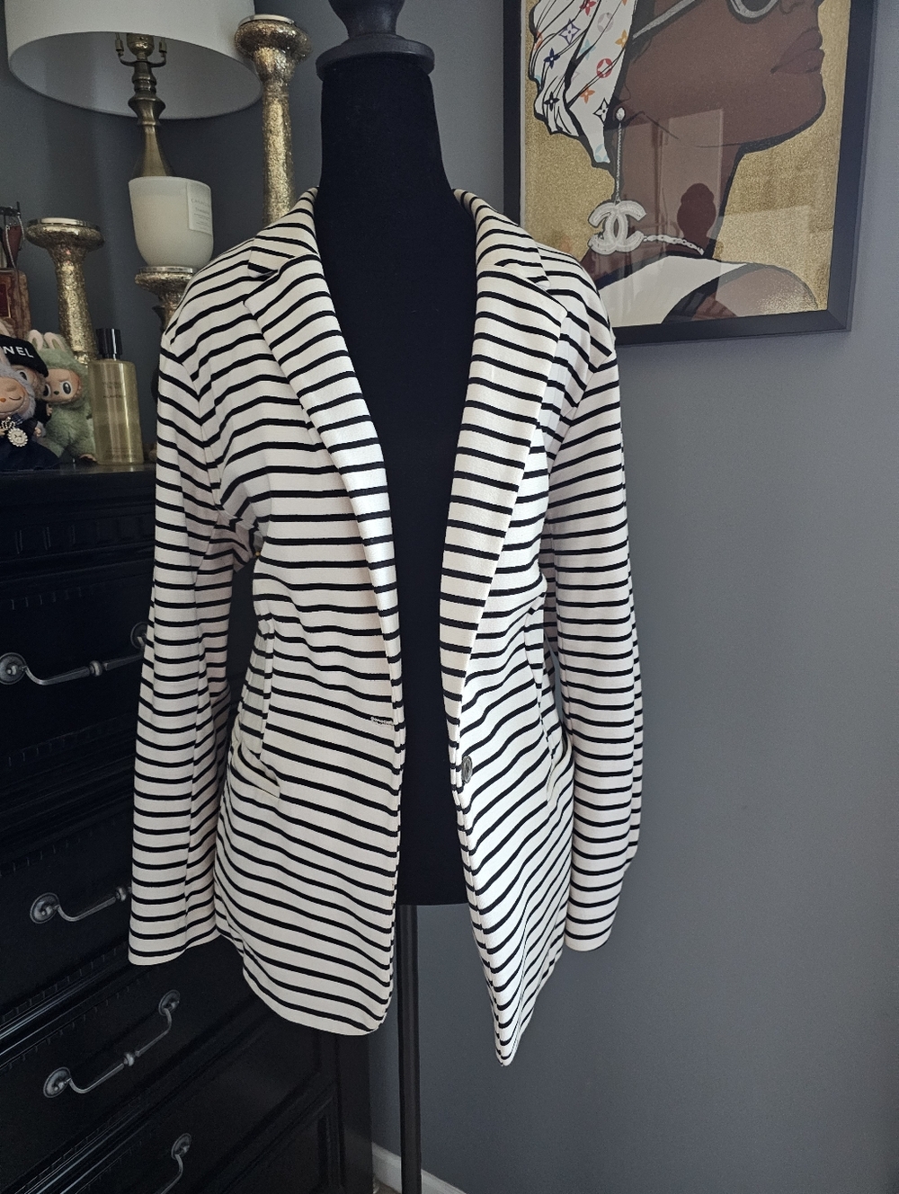 Ava & Viv Black and White Striped Open-Front Blazer